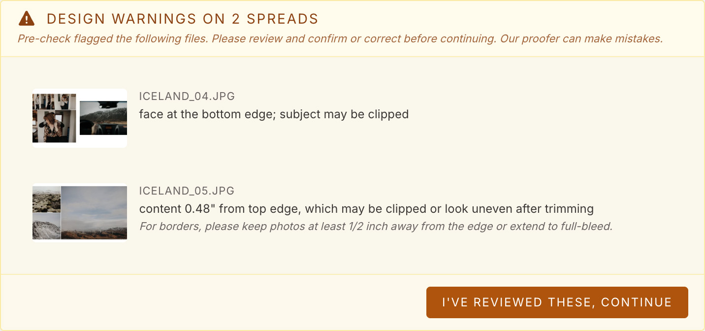 The inline spread proofer highlighting a potential design issue on an album spread