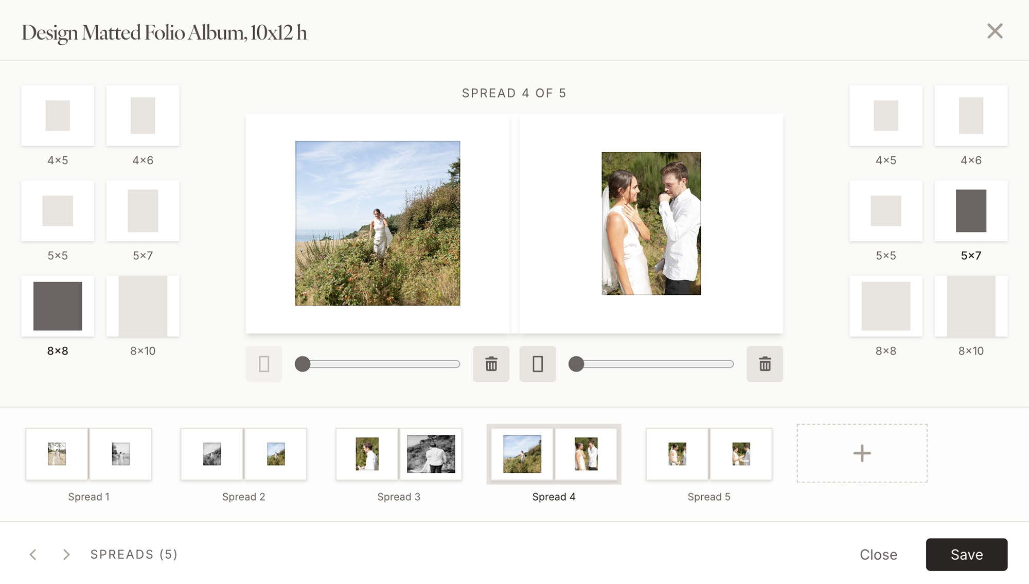 The matted folio album builder showing a custom mat on a page